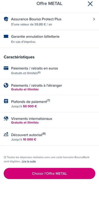 Carte Metal Boursorama : paiements et retraits à l'étranger gratuits et illimités, plafond de paiement 50 000 €, découvert autorisé jusqu'à 10 000 €
