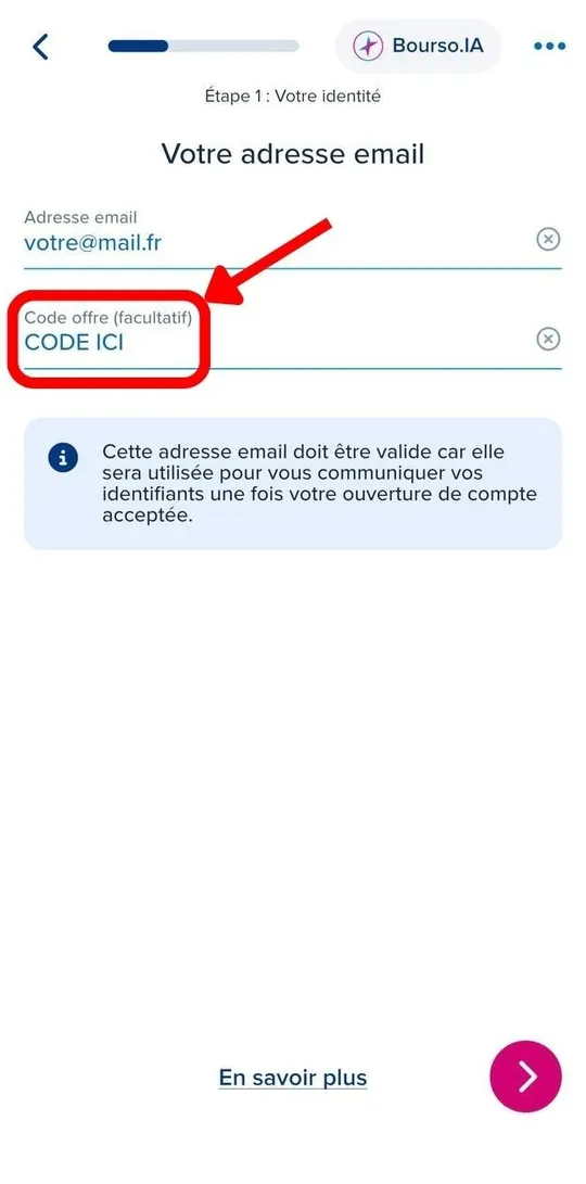 Où saisir le code de parrainage BoursoBank : le champ Code offre (facultatif)