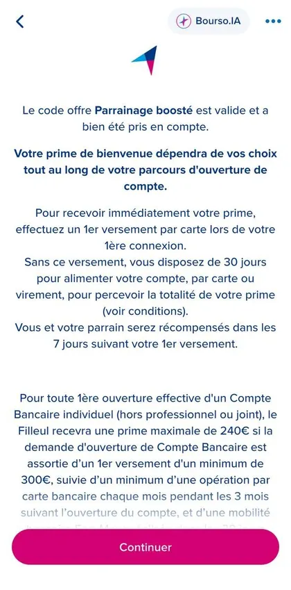 Confirmation dans l'app BoursoBank : le code de parrainage est valide et pris en compte, prime jusqu'à 240 €