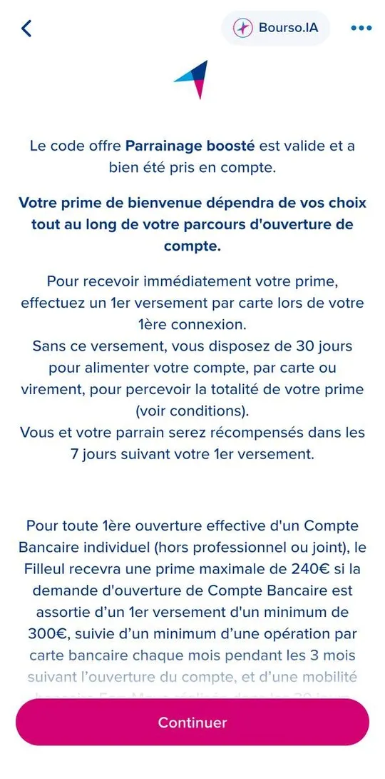 Confirmation BoursoBank : le code de parrainage boosté est valide et pris en compte, prime jusqu'à 240 €