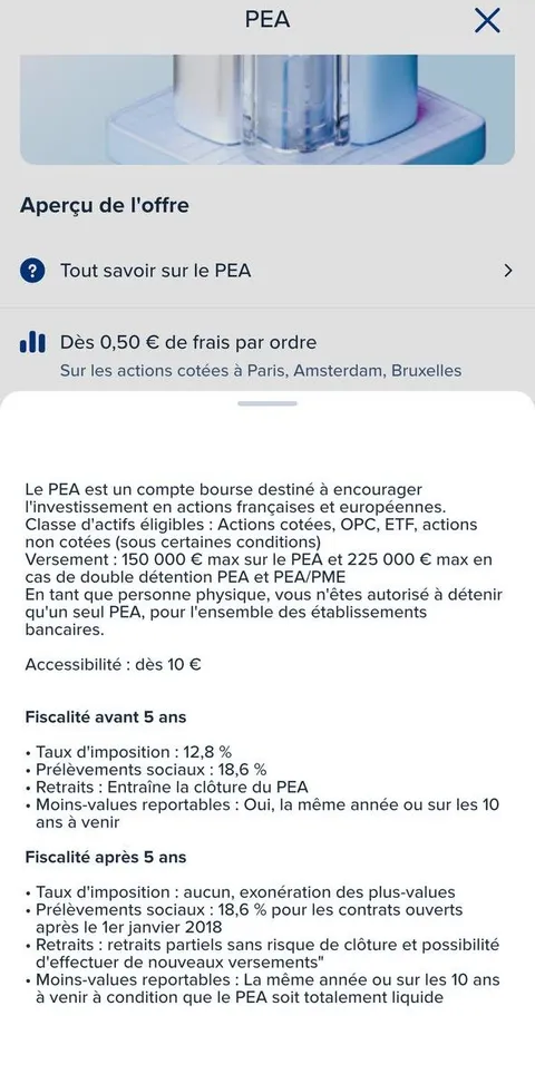 Écran « Aperçu de l'offre » du PEA dans l'app BoursoBank : détail de la fiscalité avant 5 ans et après 5 ans, plafond de versement et actifs éligibles