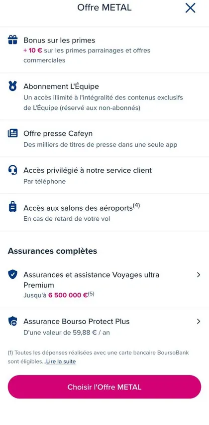 Carte Metal BoursoBank : bonus de +10 € sur les primes de parrainage et offres commerciales, assurances voyage jusqu'à 6 500 000 €