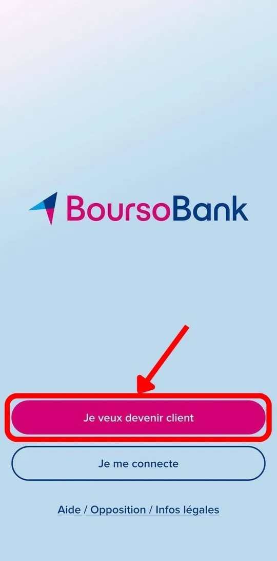 Écran d'accueil BoursoBank avec le bouton Je veux devenir client