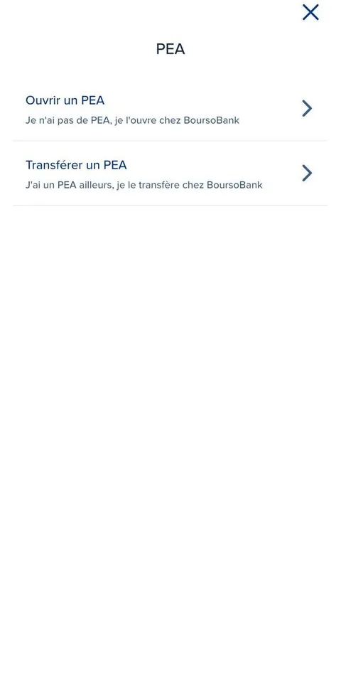 Écran PEA de l'app BoursoBank : choix entre « Ouvrir un PEA » (je n'ai pas de PEA) et « Transférer un PEA » (j'ai un PEA ailleurs)