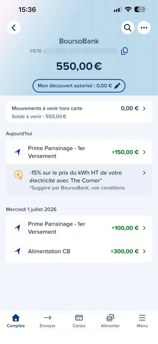 Relevé BoursoBank : primes de parrainage de 150 € et 100 € reçues sur le compte du parrain