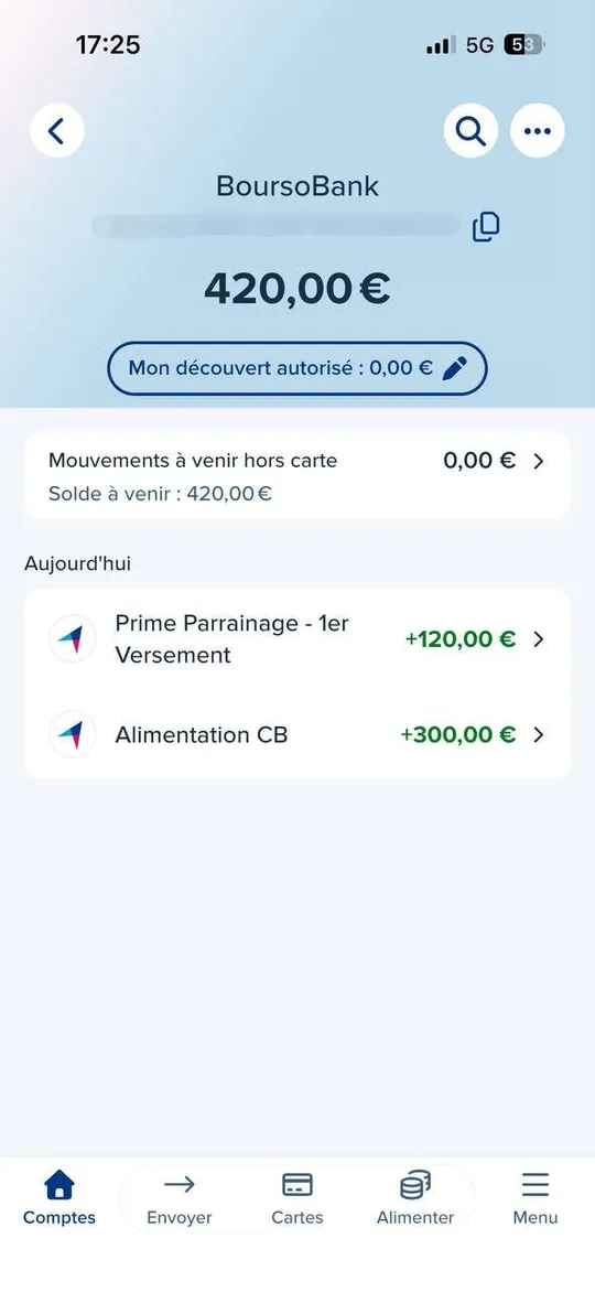 Relevé BoursoBank : prime de parrainage de 120 € créditée le jour du 1er versement de 300 €