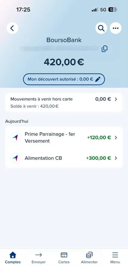 Relevé de compte BoursoBank : prime de parrainage de 120 € créditée au filleul