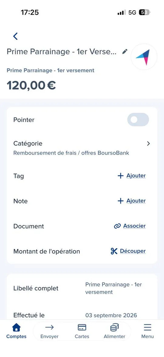Détail de la prime de parrainage BoursoBank : 120 € au titre du 1er versement, le 3 septembre 2026