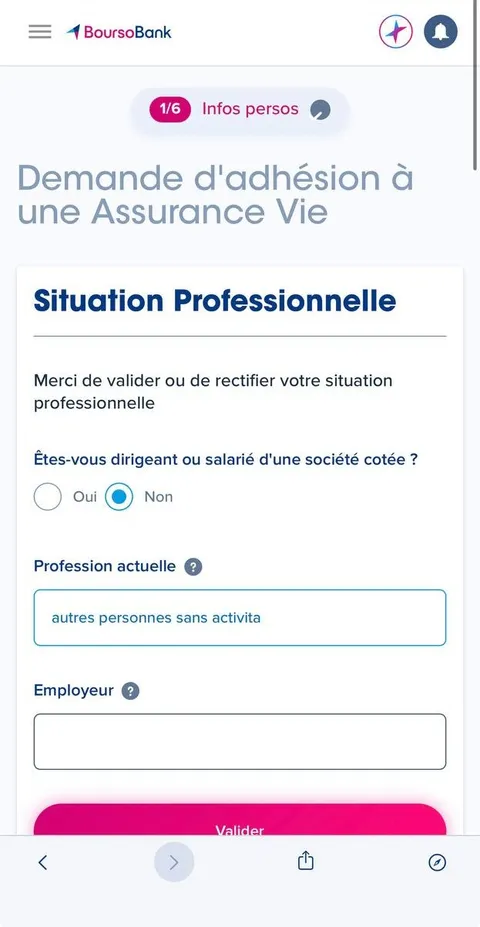 Demande d'adhésion à une assurance-vie Boursorama : parcours de souscription 100 % en ligne, étape situation professionnelle