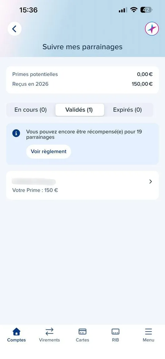 Suivi des parrainages BoursoBank : 150 € reçus en 2026 et 19 parrainages encore possibles