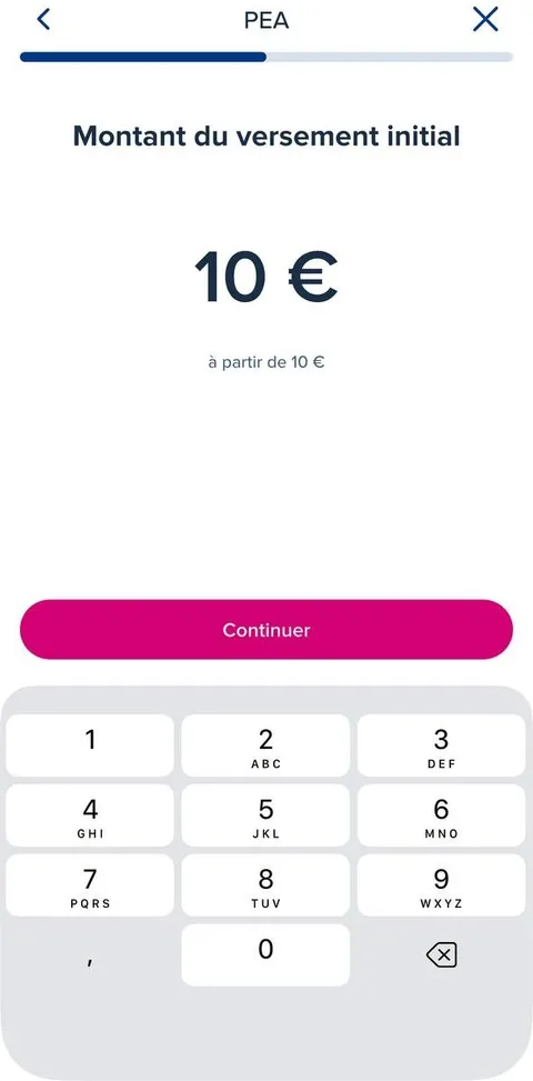 Écran de l'app BoursoBank : montant du versement initial du PEA, à partir de 10 €